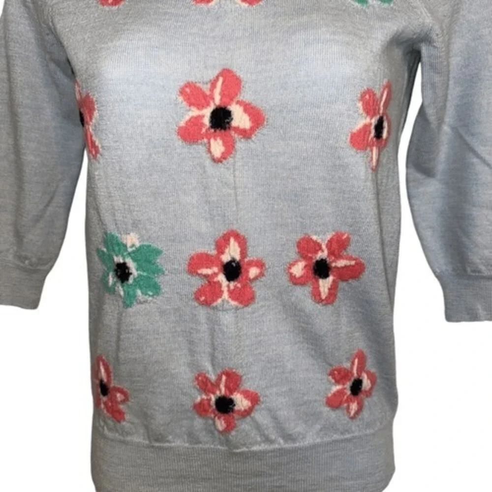 J. CREW 100% Merino Wool Tippi 3/4 Sleeve Crewneck Sweater Graphic Floral EUC XS